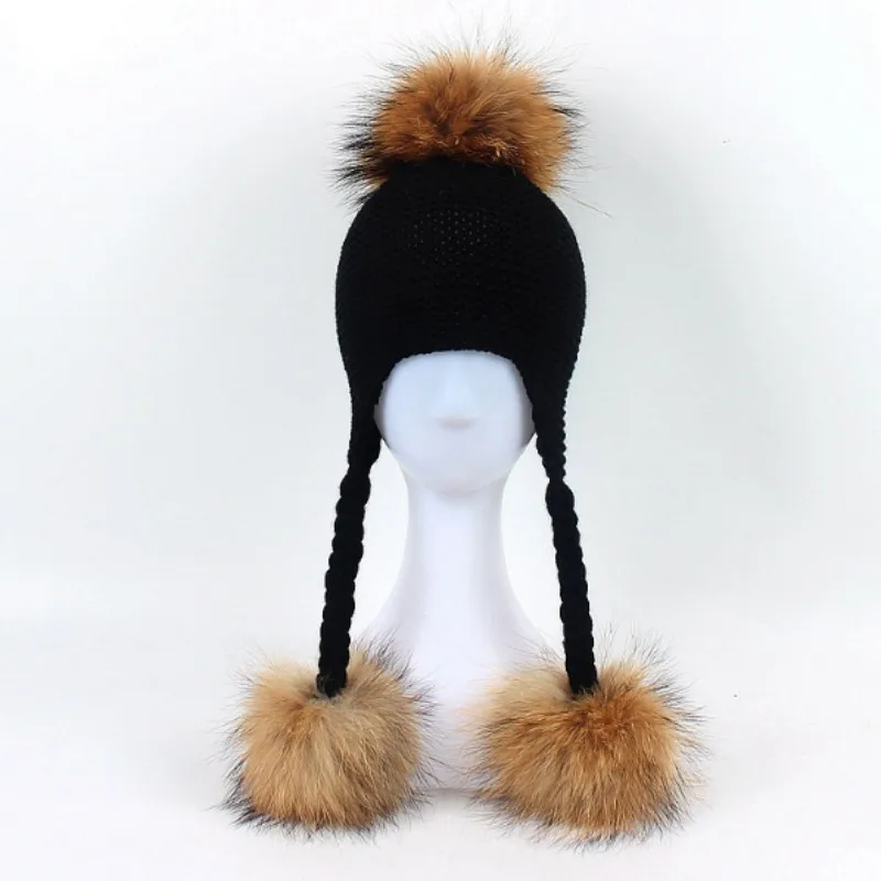 Модная вязаная шапка-бомбер с помпоном из натурального меха енота для маленьких девочек; детская зимняя шапка с помпоном и ушками; Skullies Beanies
