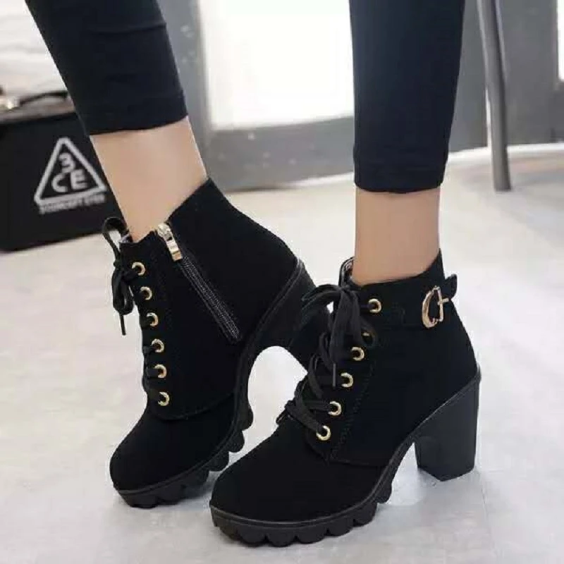 2019 otoño moda cómodo botas atmósfera simple botas cortas mujer grueso con tacones altos|Botas hasta el tobillo| - AliExpress