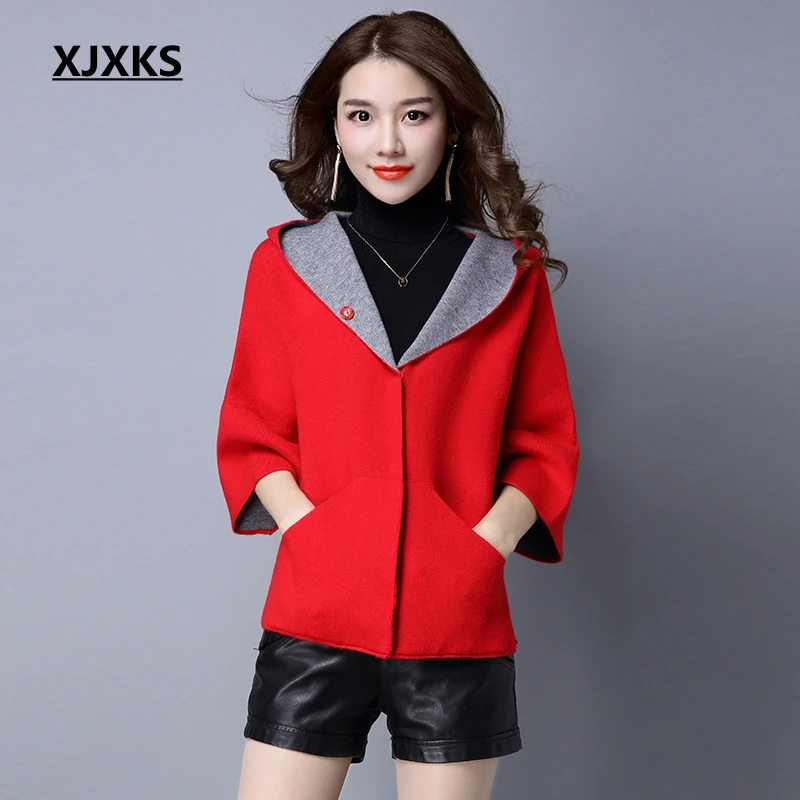 

XJXKS Autumn And Winter Women Sweater Hooded Jumper Pockets Solid Cardigan Casual Young Lady Wool Knited Coat