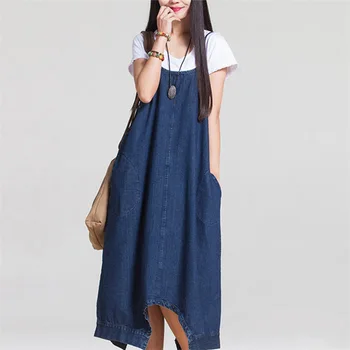 

Women's Large Size Loose Denim Cotton Suspenders Dress Black /Blue 2 Colors