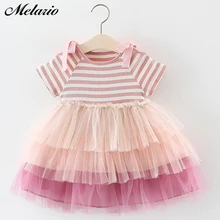 Melario/одежда для малышей; Летнее Детское платье в полоску с бантом без рукавов; милые детские Вечерние платья из сетчатой ткани; Одежда для маленьких девочек; бальное платье