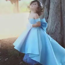 Коллекция года, милое платье с цветочным узором для девочек небесно-голубое Пышное Платье с открытыми плечами платья с бантом для девочек на свадьбу, день рождения, платья F