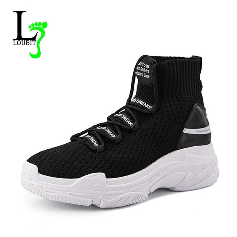 

2019 Men Sneakers Flyknit Breathable Shoes For Men Causal Flats Couples Sneaker Lace Up 5CM High Shoe Hombre Zapatos Size 35-47