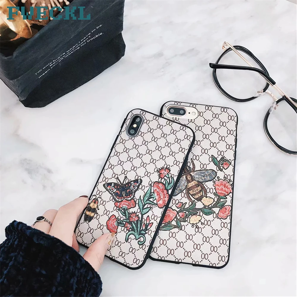 

Retro Bee Butterfly Flowers Pattern Embroidery Case For iPhone X 10 Luxury Soft Silicon TPU Cover For iPhone 6 6S Plus 7 8 Plus
