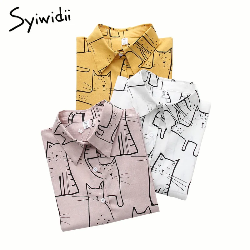 

Yellow Blouses Shirts Women 2019 Long Sleeve Print Cartoon Cute Cat Tops Pink White Shirt korean top harajuku lady dropshipping