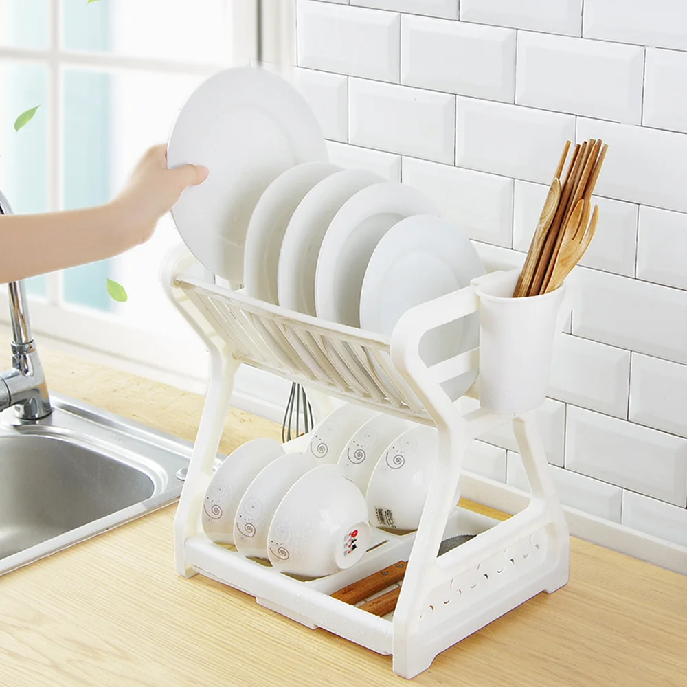Kitchen double dish rack creative plastic tableware storage rack