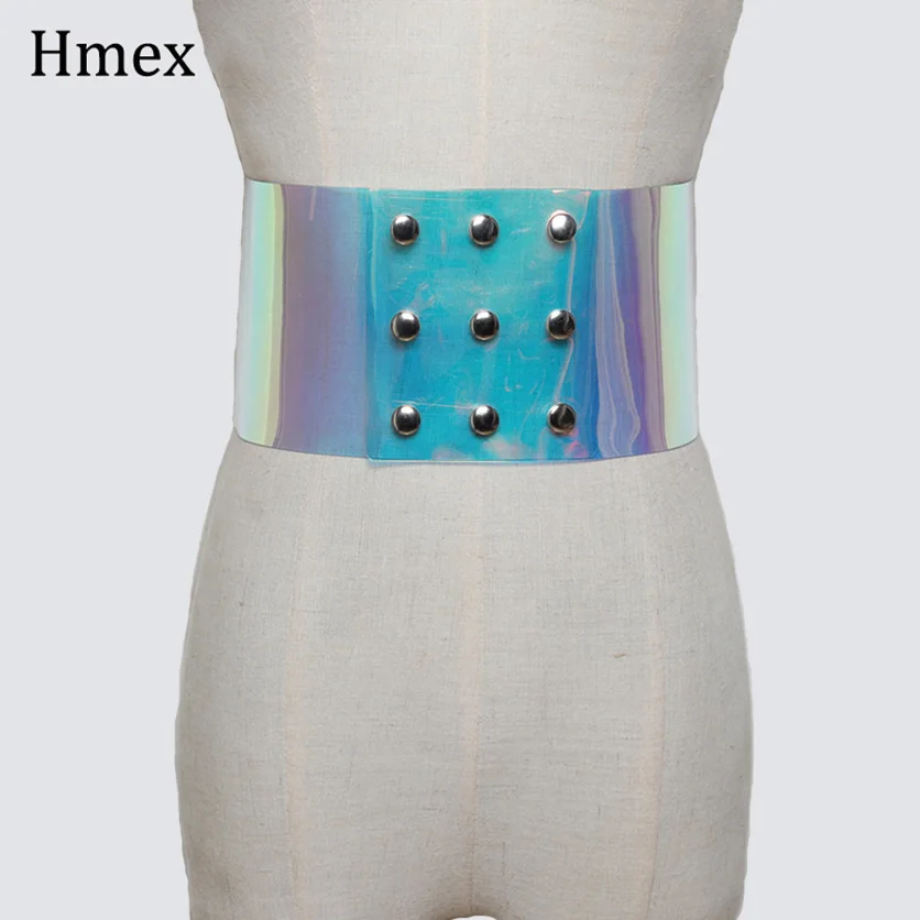 

2019 New sexy Bandage women Rivet Split Joint PVC Transparent Wide Belt for girls Fashion Laser Waist belts accessories