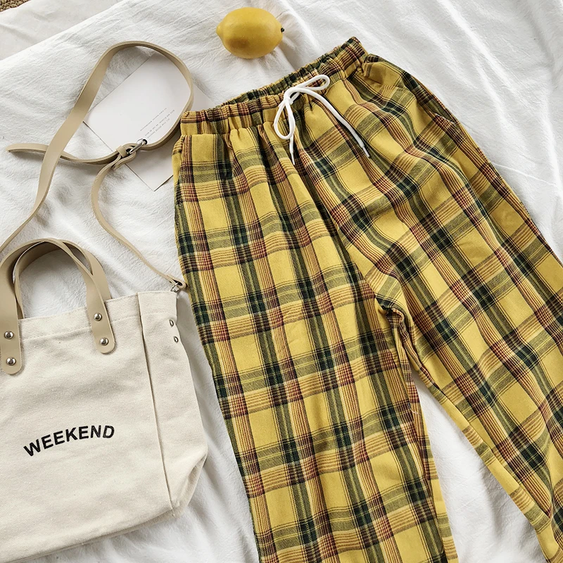 

HOUZHOU 2019 Summer Plaid Pants Women Elastic Waist Loose Harajuku Wide Leg Trousers Drawstring Ankle Length Cotton Vintage