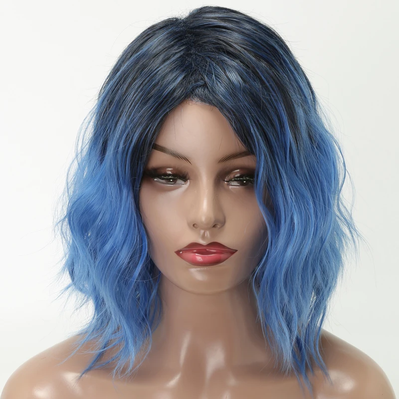 Лиси волосы 12 дюймов парик с короткими волосами для женщин волнистые синтетические парики высокотемпературные тканевые Крылья черный Омбре Синий Косплей