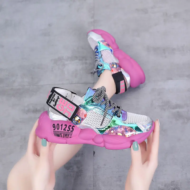 

2019 Summer New Breathable Mesh Shoes Woman Platform Shoes Color Sneakers Women Hollow Thick Bottom Sandals Female Daddy shoes
