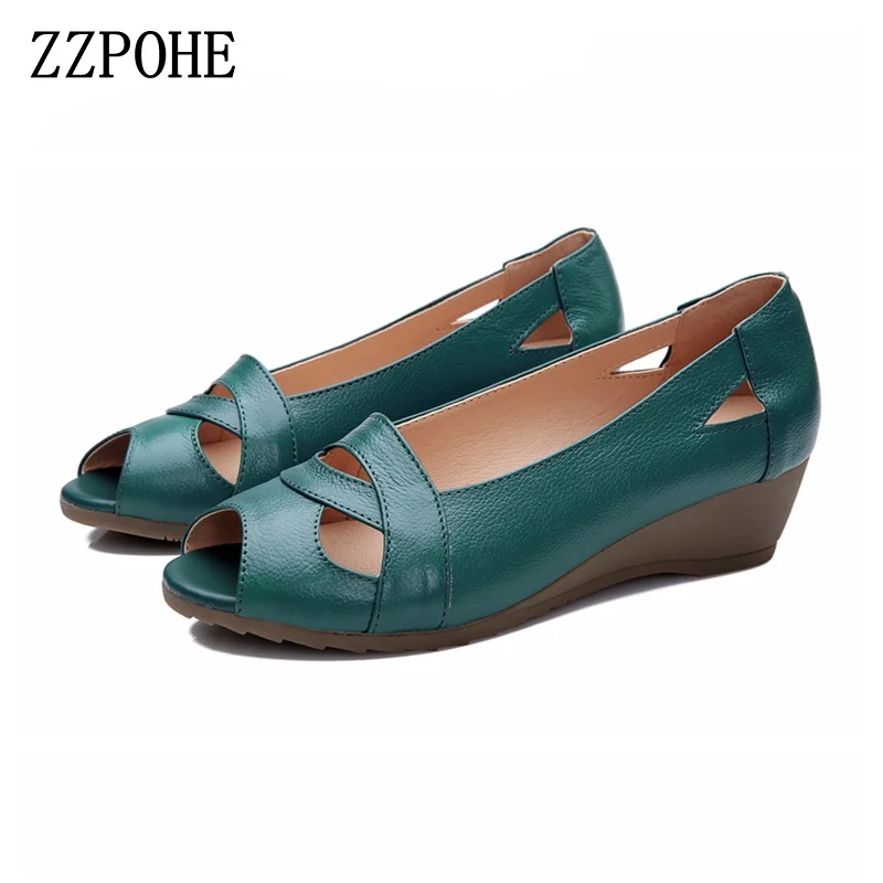 

ZZPOHE 2018 Summer Women Shoes Woman Genuine Leather Platform Soft Sandals Open Toe Mother Wedges Casual Sandals Plus size