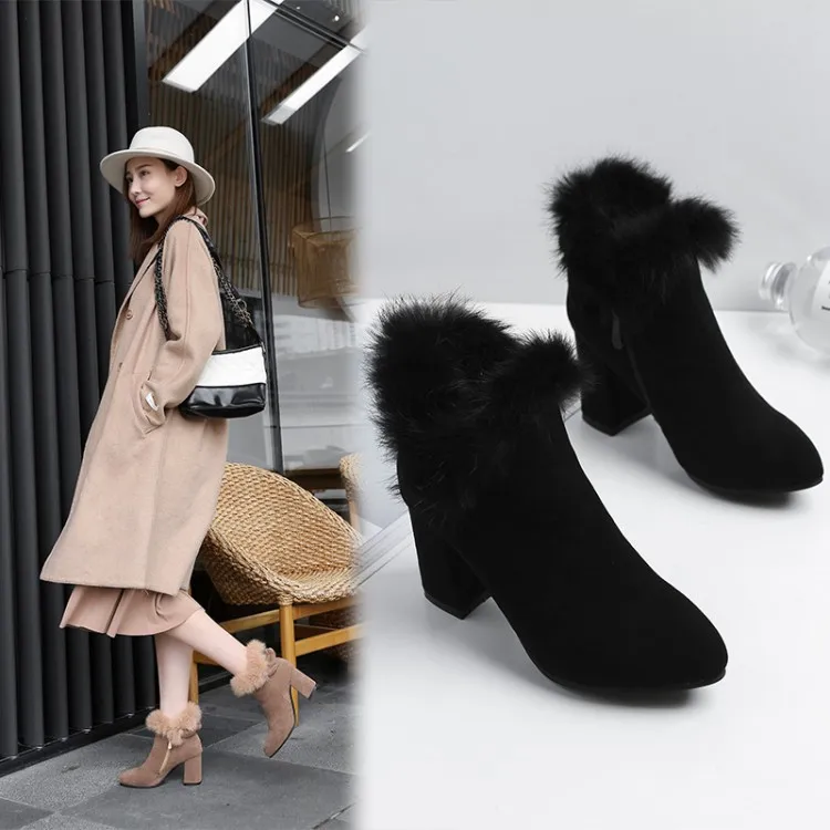Womens Pointed Toe Booties Shoes Korean Bow Thick High Heel Large Size Fashion Ankle Boots Black Khaki Grey22