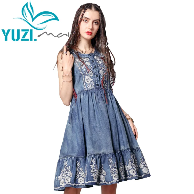 

Summer Dress 2019 Yuzi.may Boho New Denim Women Dresses O-Neck Vintage Flower Embroidery Sundress A82158 Vestidos Female