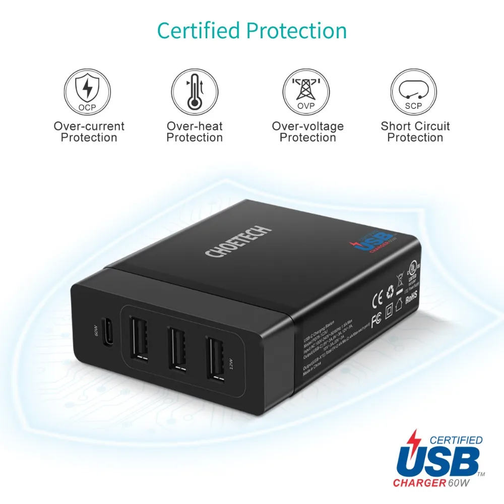  CHOETECH Usb Multi cargador USB C 72W 4 Puerto USB tipo C de la policía de la estación de cargador 