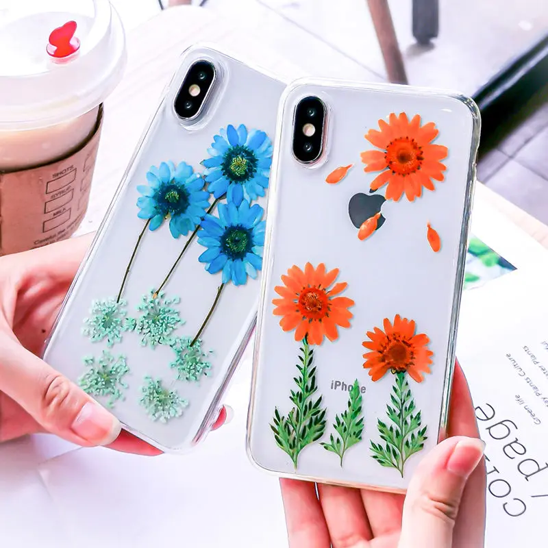 

Real Dried Flower Tree Cases For iPhone X 6 6S 7 8 Plus XR XS Max Transparent Soft TPU Green Plants Covers For iPhone X 7 8 Plus
