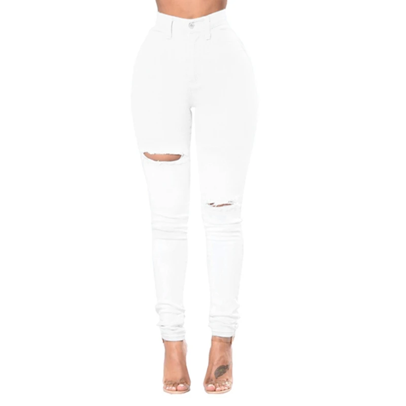 Jeans Donna Curvy Vita Alta Strappati Stretch Strappato Skinny Denim Pantaloni