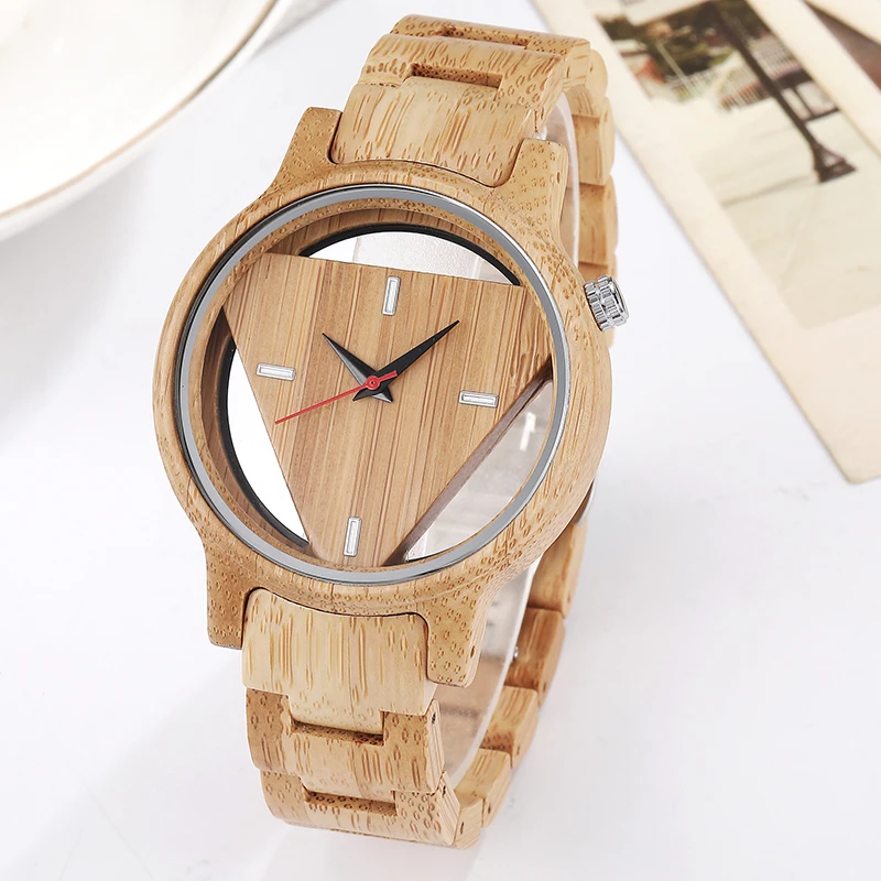 Зебра деревянные часы мужские полностью деревянные полые Дизайнерские мужские кварцевые наручные часы Простой треугольный циферблат браслет ручной работы деревянные мужские часы