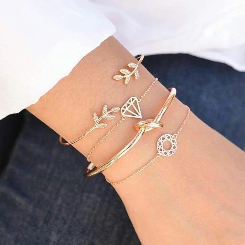 

2019 Fashion Plant Leaves Knotted Women Bracelet 4pcs Combination Packages Bohemia Alloy Gold-color Plant Bangles