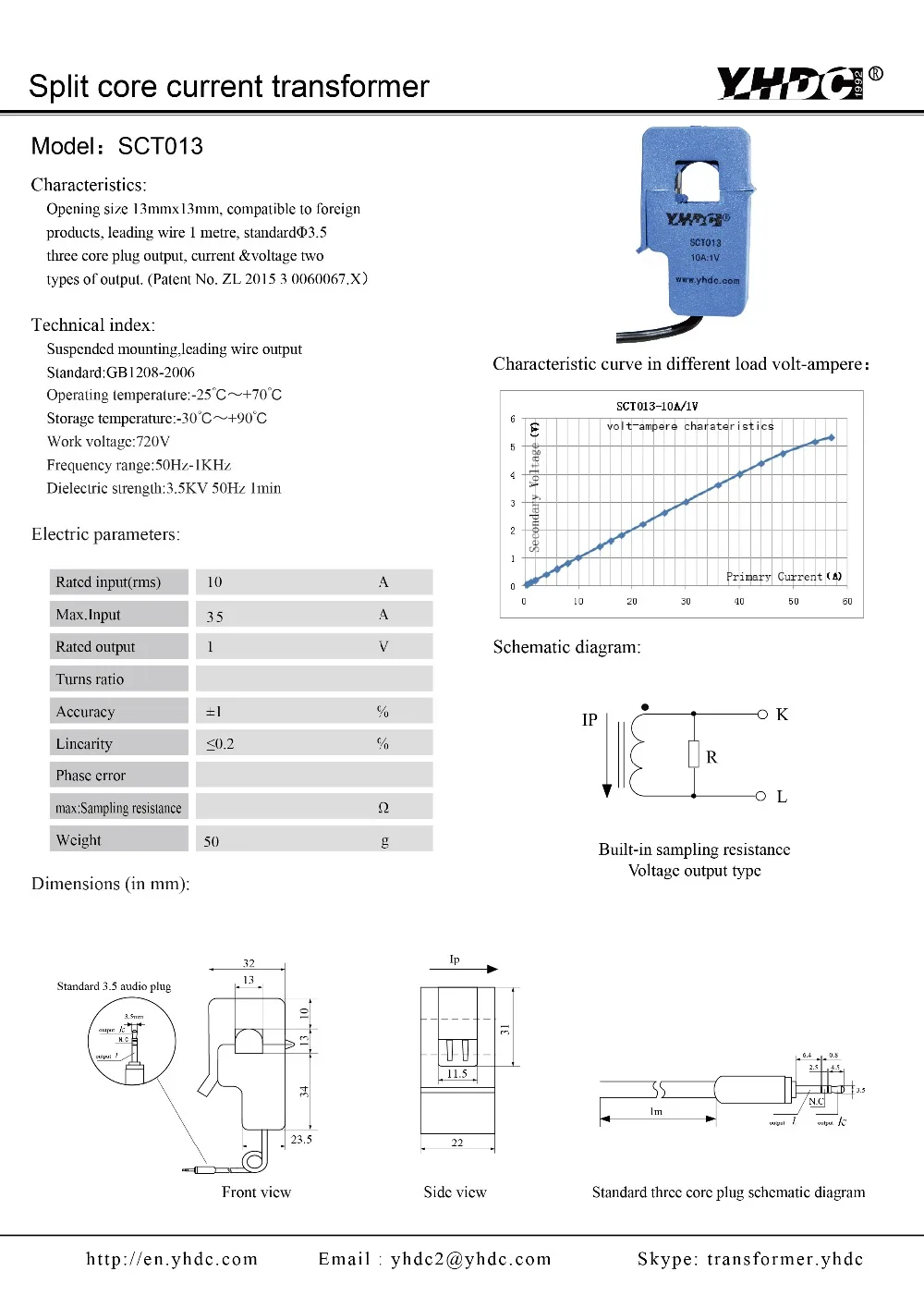 SCT013 10A/1 V тип подвески сплит-сердечник Датчик тока трансформатор переменного тока тестовый ток