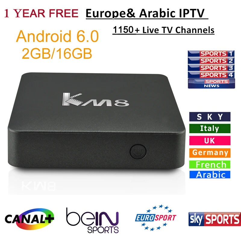 

KM8 tv box android 6.0 2G/16G S905x 4K*2K smart tv+1 year iptv europe server 1000+Arabic UK portugal Italy Live TV Channels