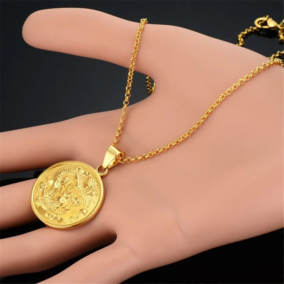 Винтажное Золотое круглое китайское этническое зодиакальное ожерелье с подвеской в виде дракона, мужское ожерелье, женская подвеска X647