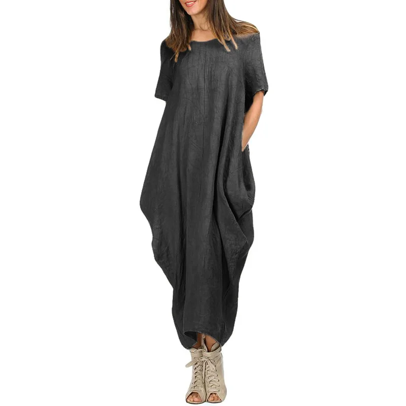 Повседневное свободное Макси платье женское с круглым вырезом и коротким рукавом, с карманом, летнее, 5XL, платья больших размеров, асимметричное, мешковатий безрозмерный - Цвет: Черный