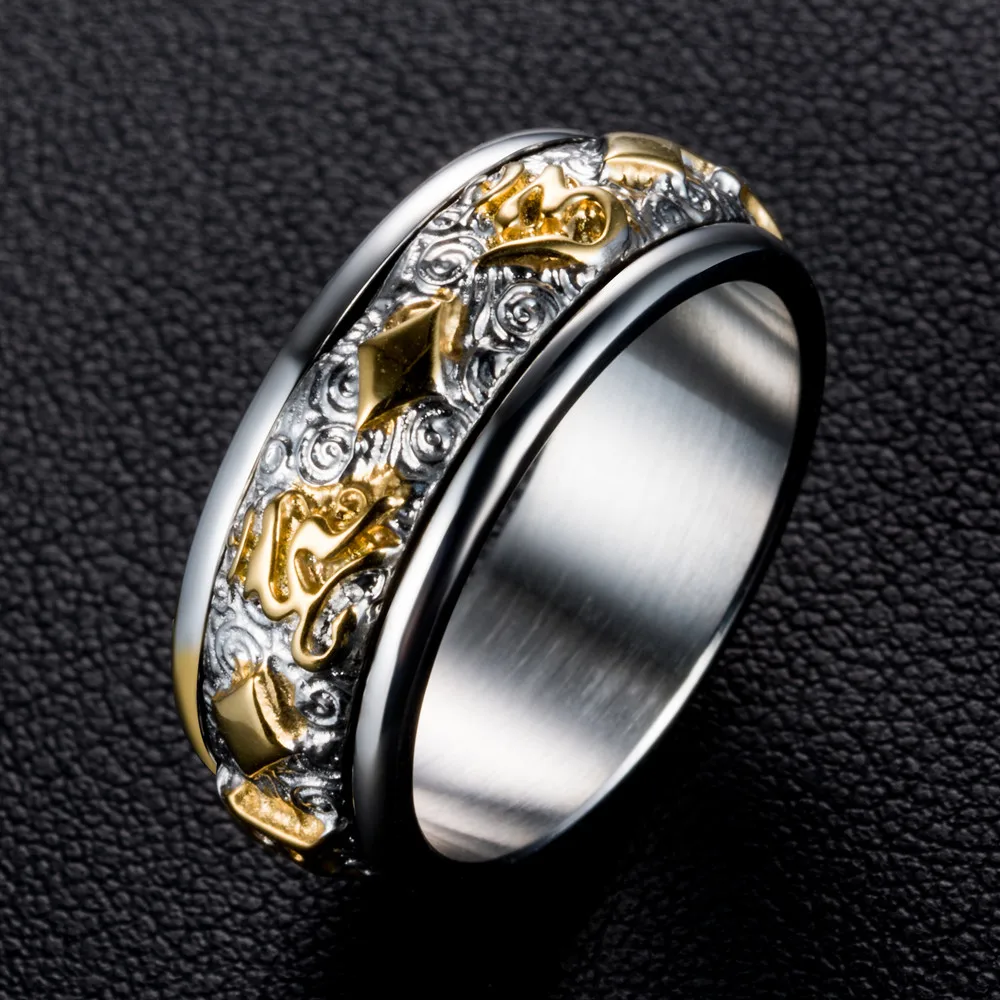 Поворотное кольцо винтажное религиозное классическое шестисловое мантра из нержавеющей стали мужское кольцо