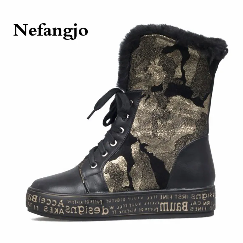 

Nefangjo 2018 Winter Women Shoes Fashion Genuine Leather Fur Warm Snow Boots Casual Lace-Up Non-Slip Flat With Ankle Women Boots