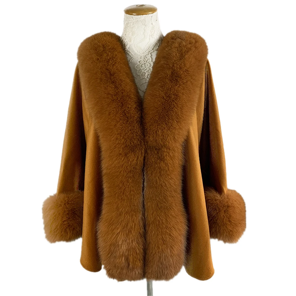 

TOPFUR 2019 New Fashion Winter Female Cape Real Fur Cape For Women Three Quaeter Real Fox Fur Outerwear Bat Sleeved V-Neck Brown