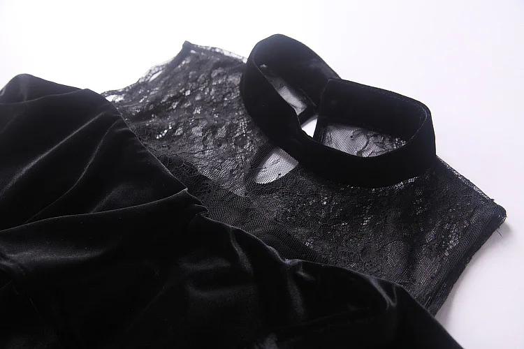black color Lace Patchwork Off-Shoulder Ruffle Velvet Blouse Croptop and A-line Short Pants Suit Women (5)
