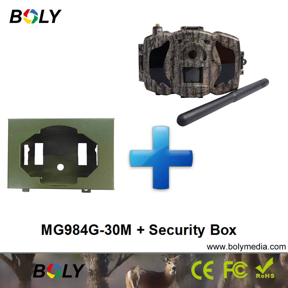 

MG984G with security box MMS GPRS celluar trail cameras 4g 100 ft detection range wireless hunting cameras cameras black IR 30MP