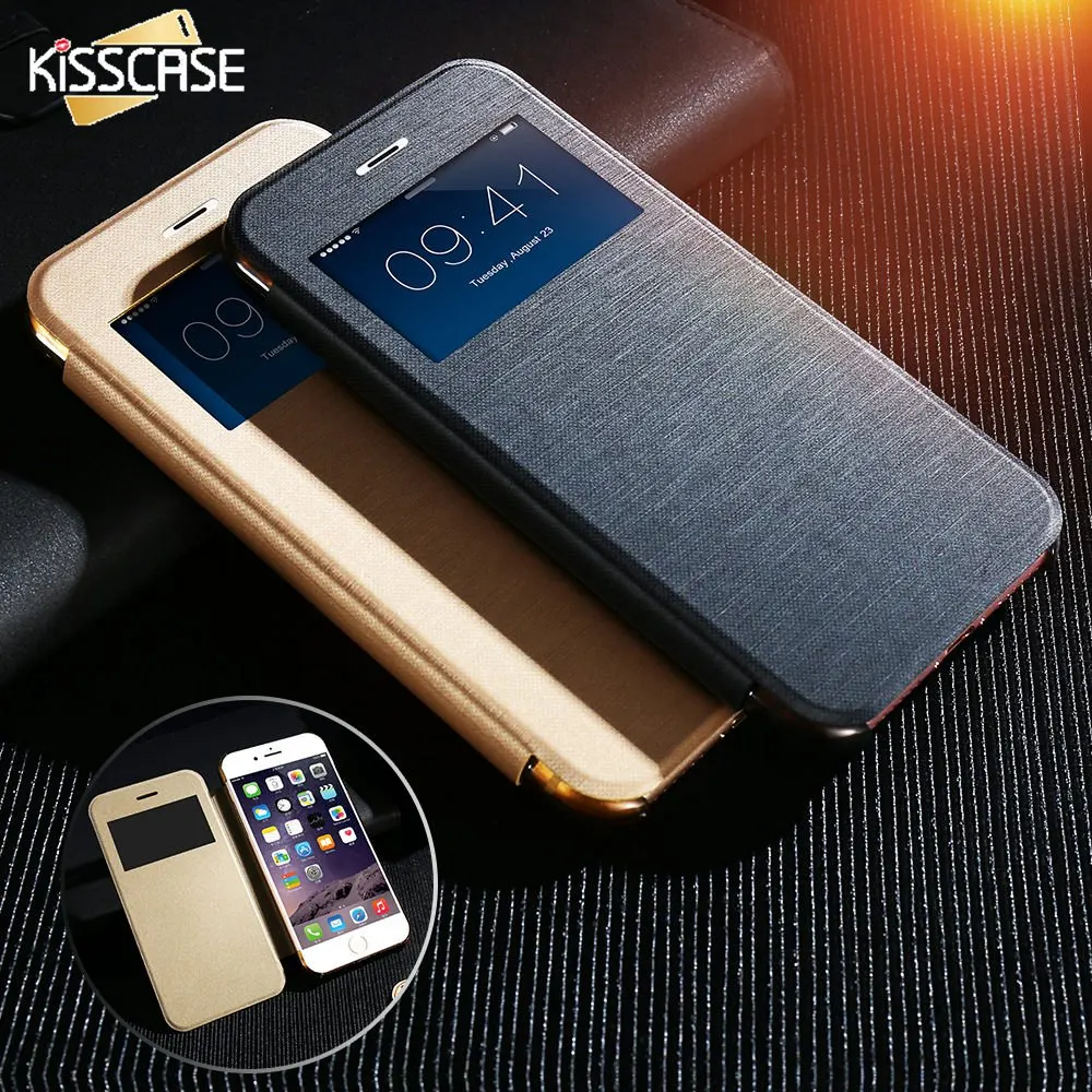 

KISSCASE Luxury PU Leather Flip Case For iPhone 7 7 Plus Case Smart Window View Cover Hard PC Capa For Apple iPhone X 8 8 Plus