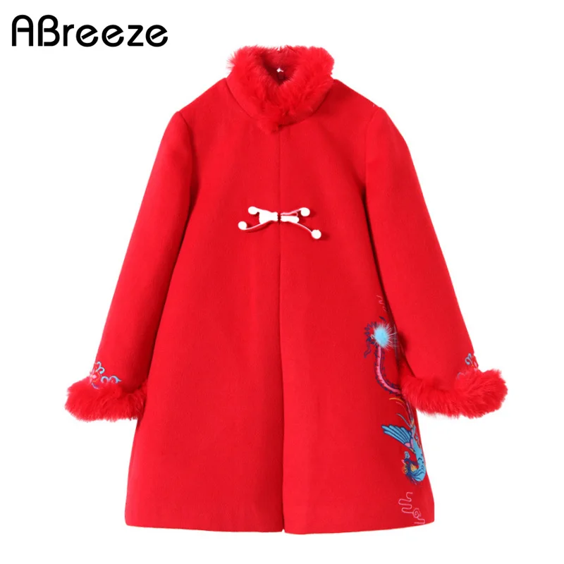 

Chinese Style girls wool dresses coats Thickening faux fur plate buckle Dragon&Phoenix embroidery children winter clothes