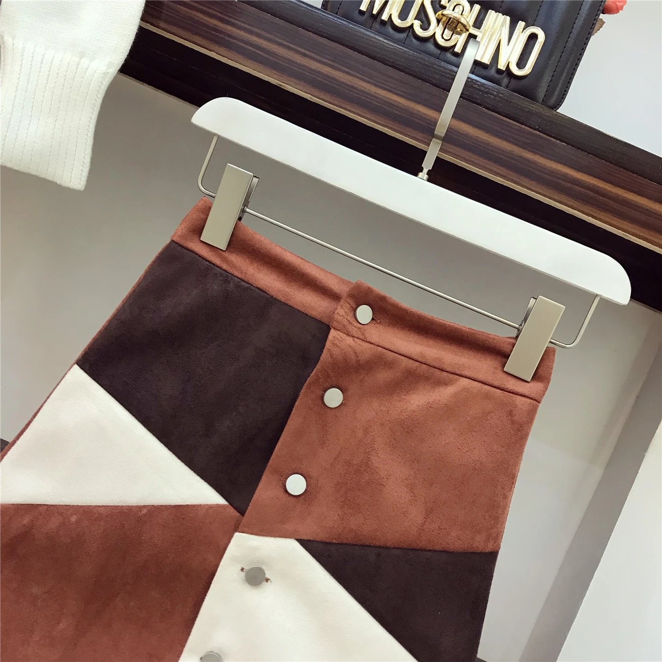 2018 Autumn Woman's Turtleneck White Pull Sweater + High Waist Color Patch Suede Skin Girls Student Two-piece Mini Skirts Set