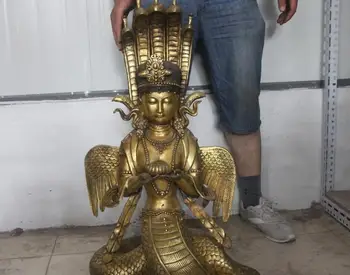 

India temple Buddhism Bronze Copper Gild 5 Head Snake Naga goddess Buddha Statue