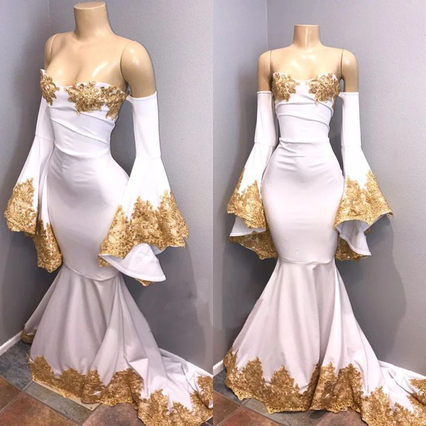 

White Mermaid Horn Long Sleeve Evening Dress 2019 Boat Neck Off The Shoulder Gold Lace Arabic Prom Gowns Vestido De Festa Cheap
