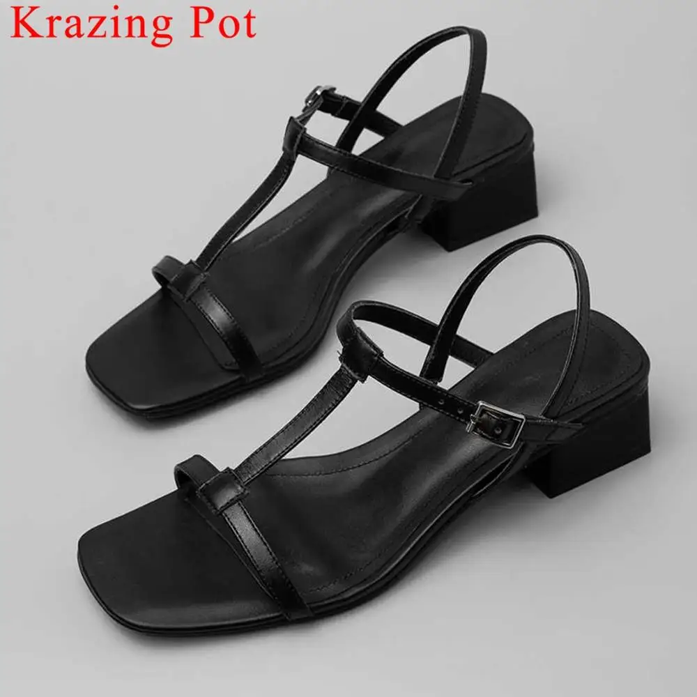 

Krazing Pot full grain leather buckle strap peep toe women sandals chunky med heels summer concise preppy style dating shoes L37