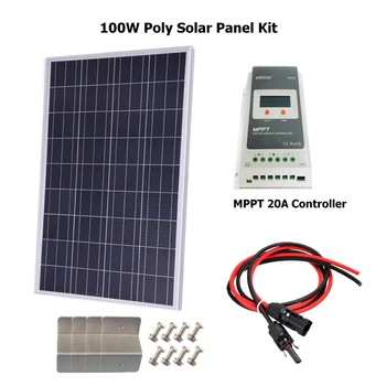 

100W Solar Panel Kit:1pcs x 100W Poly Solar Panel w/20A MPPT solar controller Advanced RV Solar charger for 12V battery Off Grid
