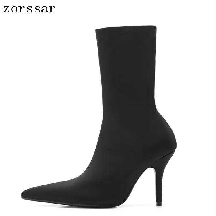 

{Zorssar} Women's Boots Pointed Toe Yarn Elastic Ankle Boots Sexy Thin Heels Booties Shoes Woman Female Socks Boots 2019 Spring