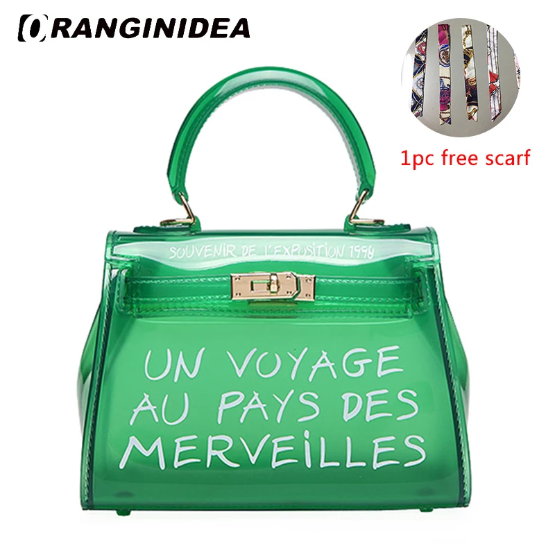 نساء حقائب شفافة رسالة مطبوعة الأعلى مقبض حقيبة لون الحلوى الصيف حمل حقائب السفر الكتف crossbody حقيبة مع وشاح نساء حقائب شفافة رسالة مطبوعة الأعلى مقبض حقيبة لون الحلوى الصيف حمل حقائب السفر الكتف crossbody حقيبة مع وشاح