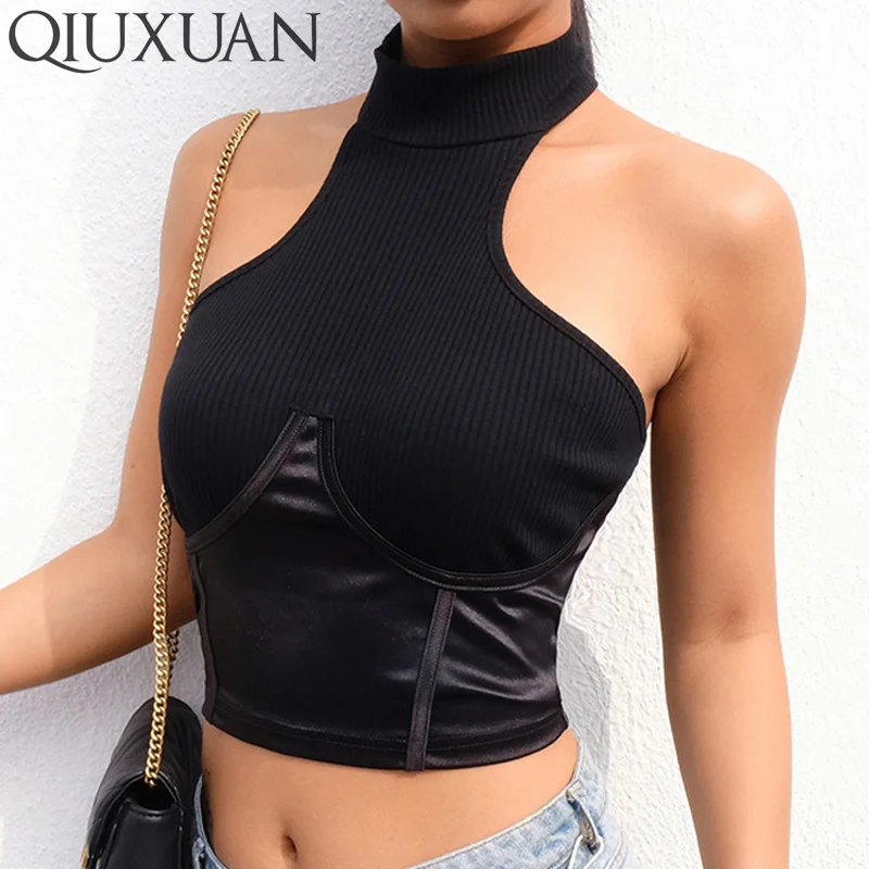 

Qiuxuan Solid Black Cotton Sexy Halter O Neck Sleeveless Backless Crop Top Patchwork Bodycon Streetwear Party Women Tank Tops