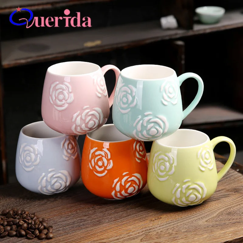 

New Rose Flower Coffee Mug Cute Student Milk Cup With lid Spoon Embossed Ceramic Cup Home Office Porcelain Tea Drinking Mug