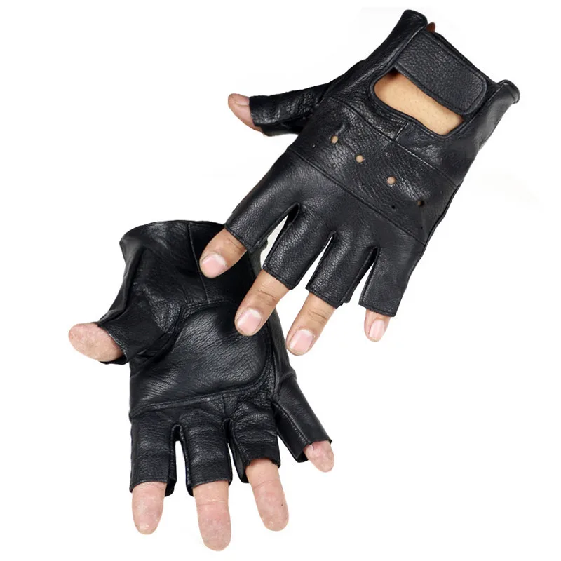Long Keeper Men Genuine Leather Gloves High Quality Slip-resistant Luvas Half Finger Sheep Leather Fingerless Gloves gants moto mens leather gloves for winter Gloves & Mittens