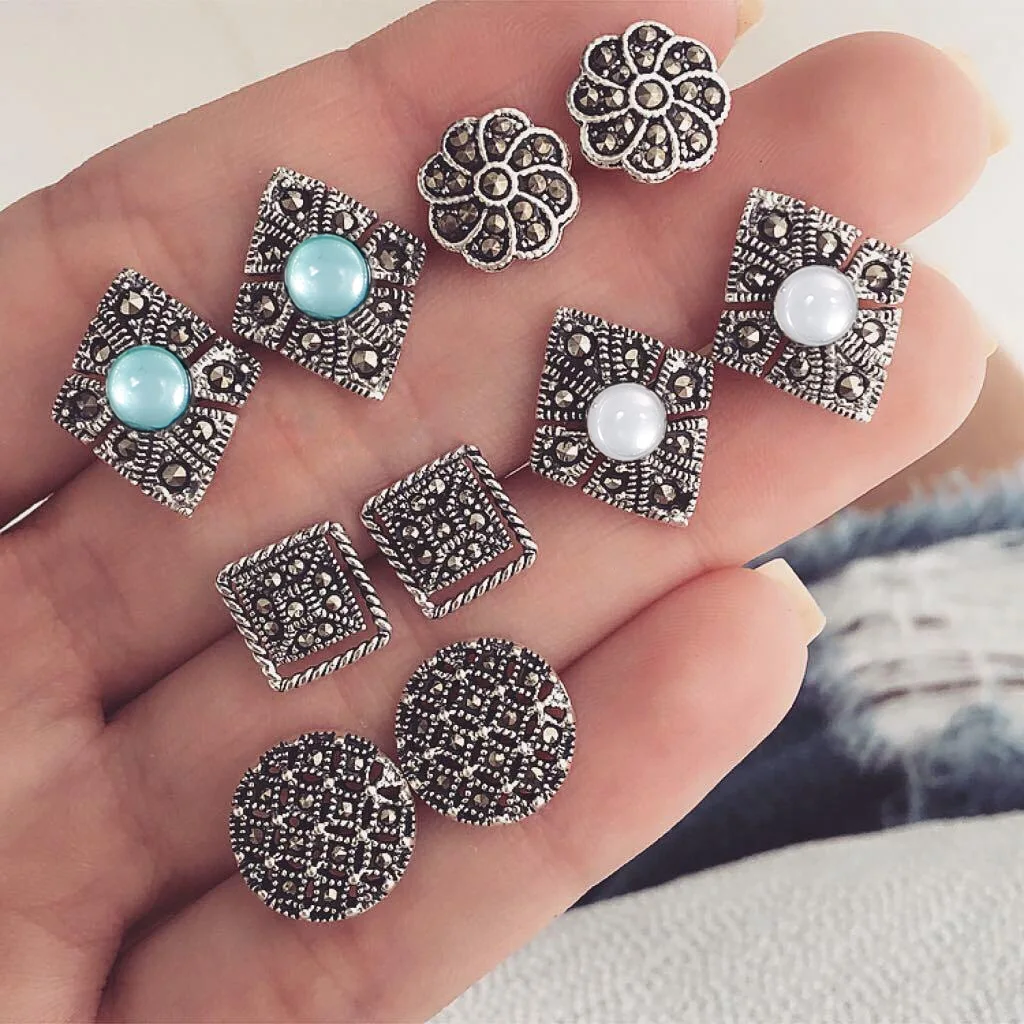 

Green White Opal Hollow out Flower Stud Earrings for Women Wedding Boucle D'oreille Jewelry Dazzling Vintage Brincos 5 Pairs/Set