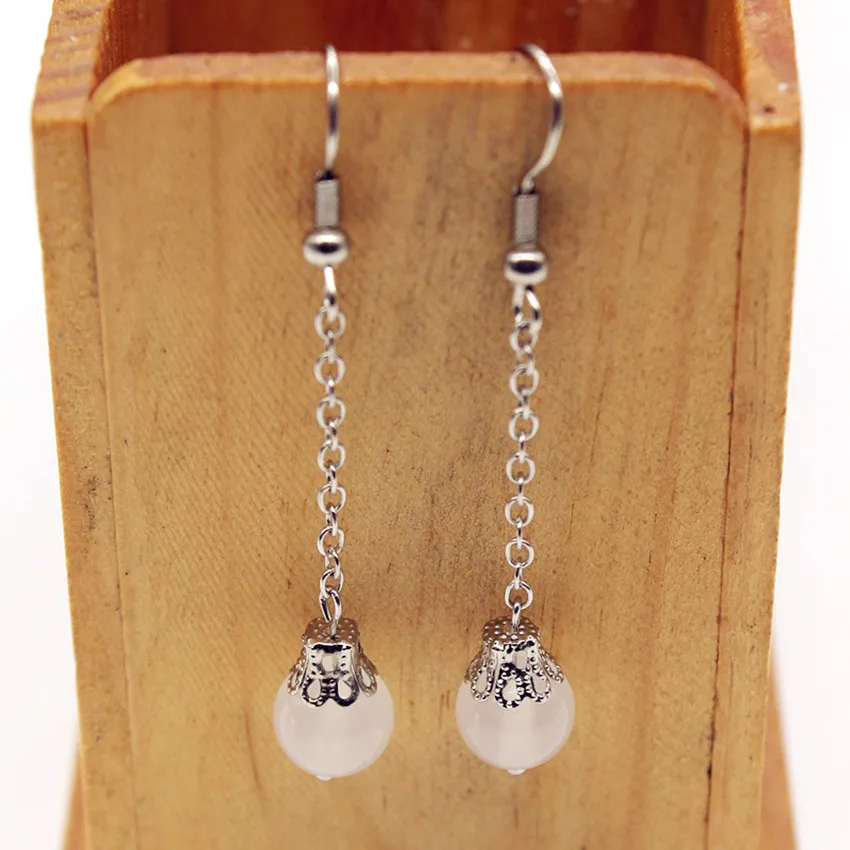 

100-Unique Ethnic Style 1 Pair Silver Plated White Agates with Long Chain Earrings Elegant Women's Earring