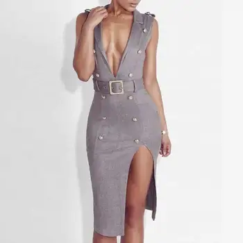 

2017 Women Deep V Button Belt Bodycon Party Dress Sexy Split Suede Sleeveless Fashion Summer Dress Club Femme Vestidos