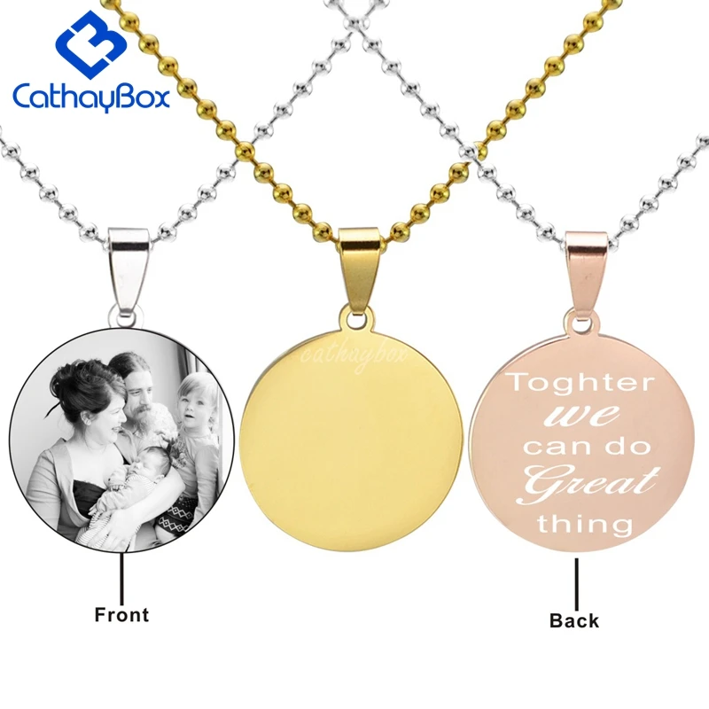 

Customized Engrave Photo Text Stainless Steel Blank Round ID Dog Tag Charm Pendant Necklace Chain 60cm Long