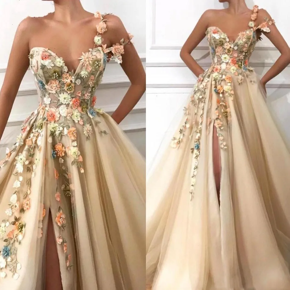 Robe de soiree, Дубай, одно плечо, цвет шампанского, вечерние платья, длинные,, саудовская Арабская, 3D цветок, тюль, вечернее платье, вечерние платья