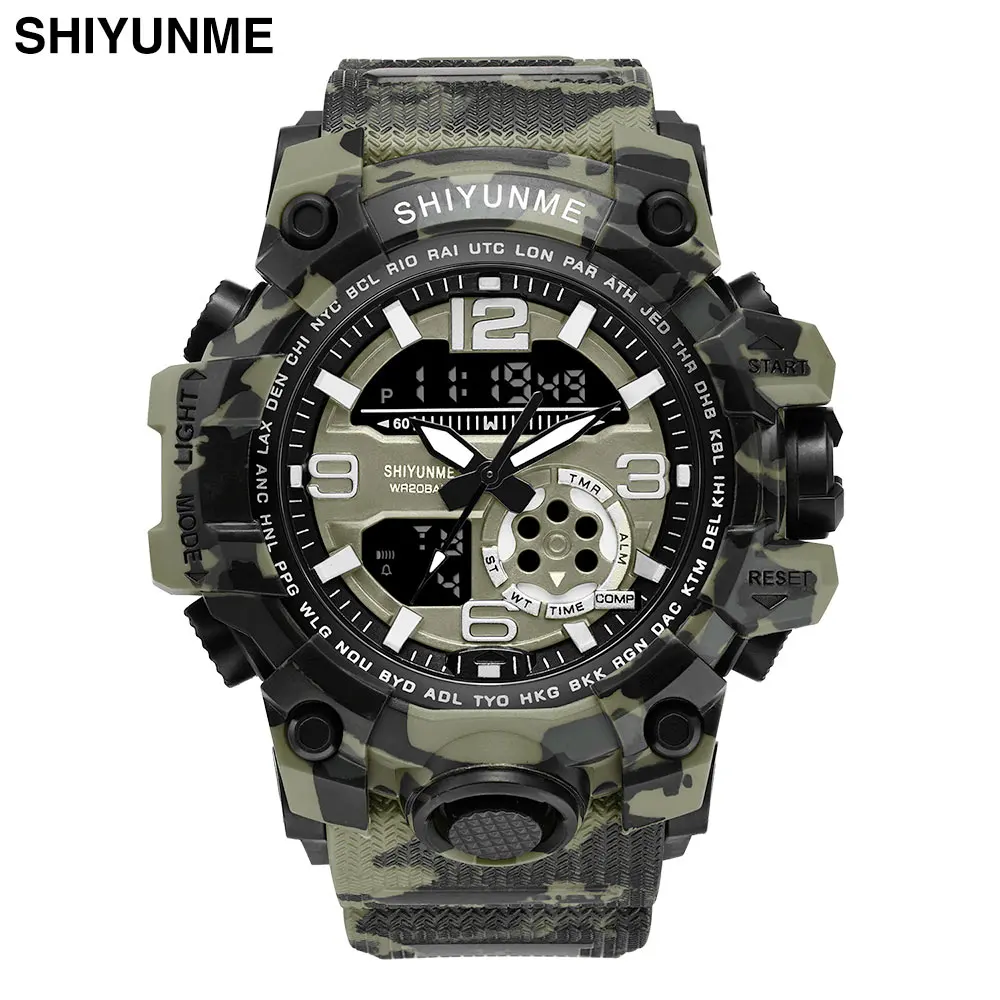 2019new Brand Sports Watches Men Dual Time Camouflage Military Watch Men Army LED Digital Wristwatch 50M Waterproof Men's Clock - Цвет: Хаки