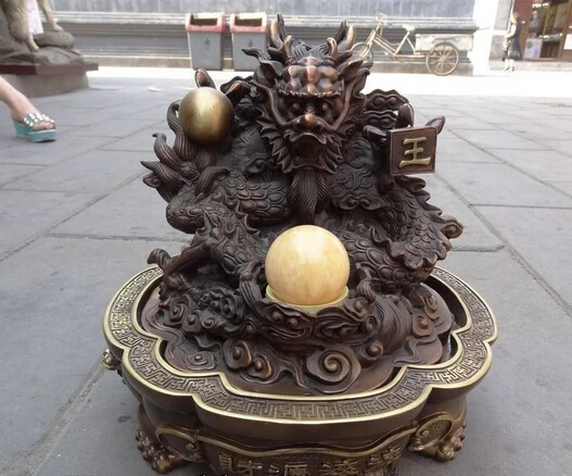 

xiuli 003089 13" Chinese Pure Bronze Wealth FengShui Fly Dragon King Ball Bead Statue Censer